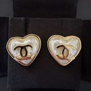 CHANEL Gold-Tone Heart Earrings with Pearl-Effect Centers